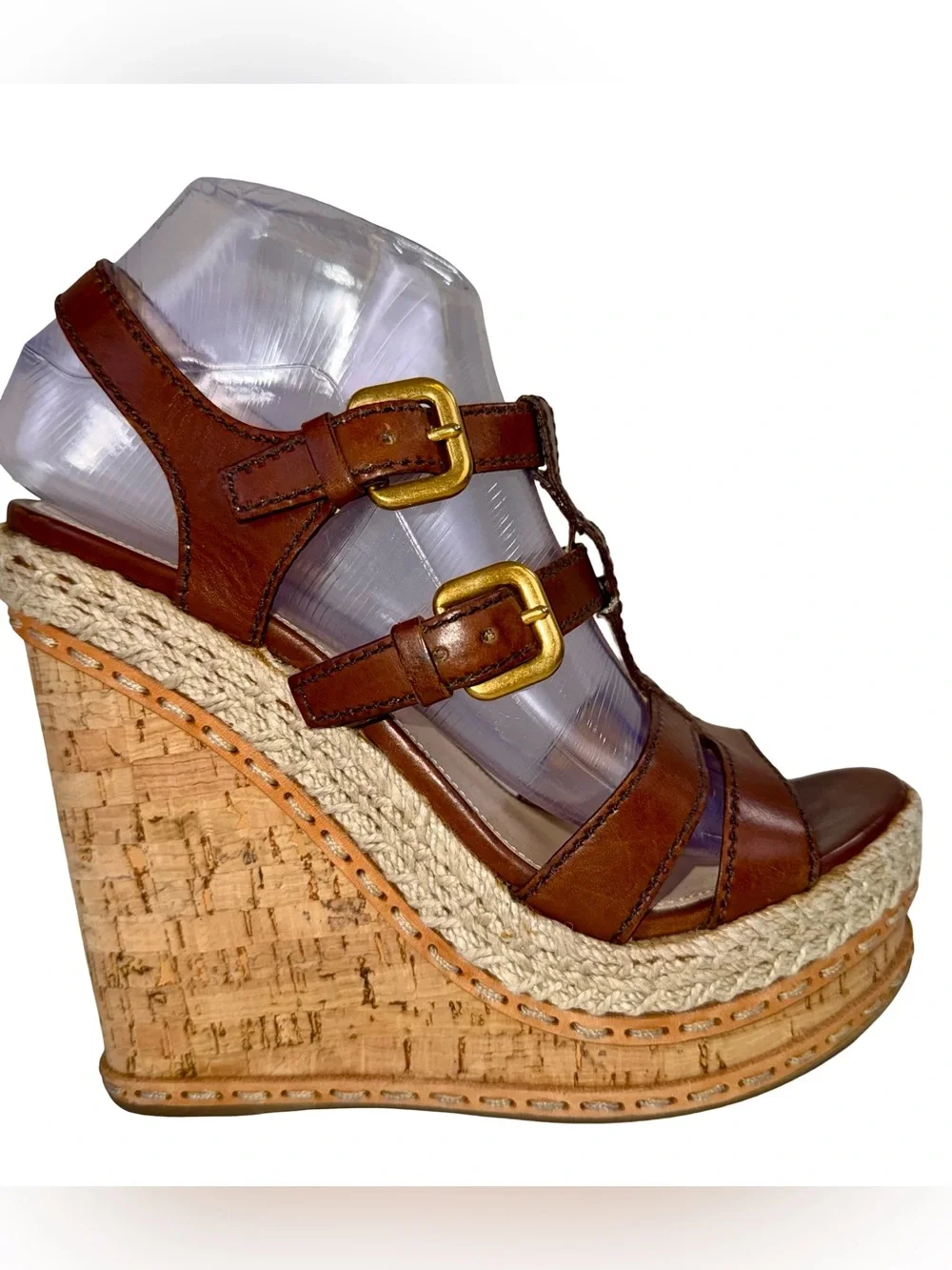 PRADA BROWN LEATHER STRAPPY SANDALS WITH CORK WEDGE HEELS